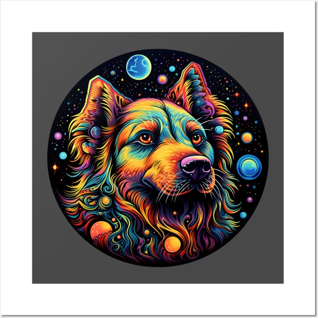 Colorful space dog with planets Wall Art by Unelmoija